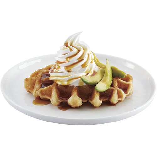 Belgian Liege Waffle with Avocado, Gula Melaka Syrup and Sundae ($6.50)